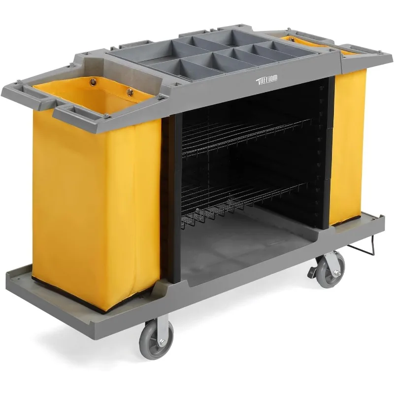 Premium Hotel & Housekeeping Cart on Wheels, 154LBS Multifunctional Commercial Cleaning Cart with Large Capacity Vingyl Bags,