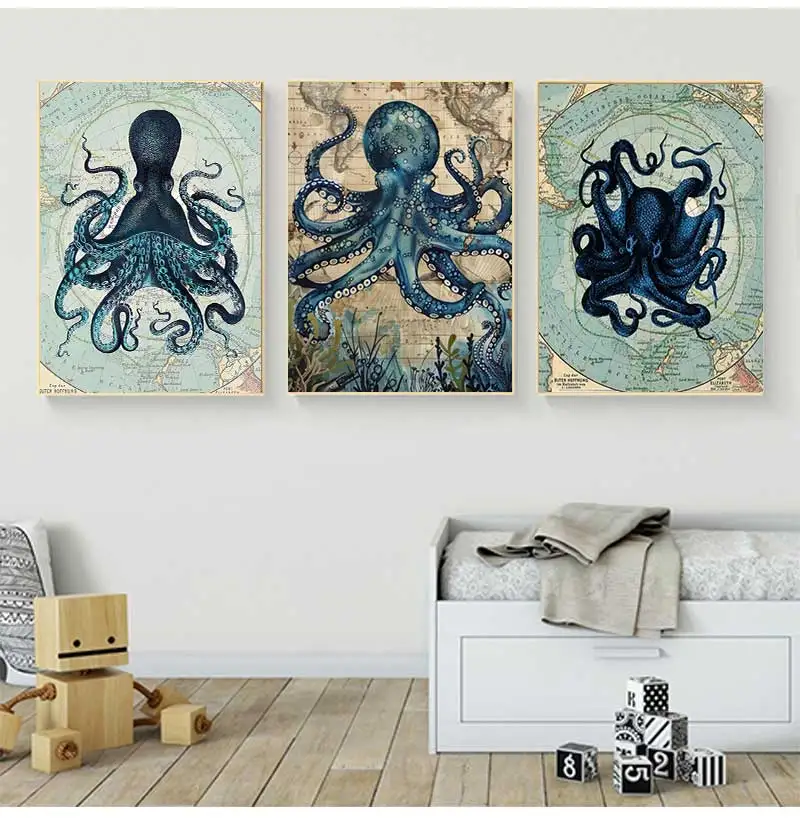 Poster Prints Nautical Coastal Wall Art Picture Antarctica Map Canvas Painting Home Wall Decor Kraken Octopus Tentacles Vintage
