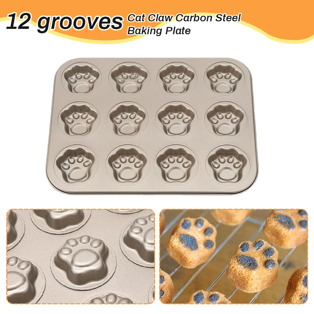 12 Holes Carbon Steel Cupcake Baking Tray Cute Cat Paw Non-Stick Cake Mould Egg Tart Baking Mold Biscuit Pan Kitchen Bakeware