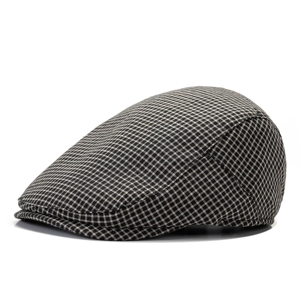 Retro British Style Fine-Checkback Button-Up Cap with a Brim. Lightweight for Sun Protection. Suitable for Daily Commuting.