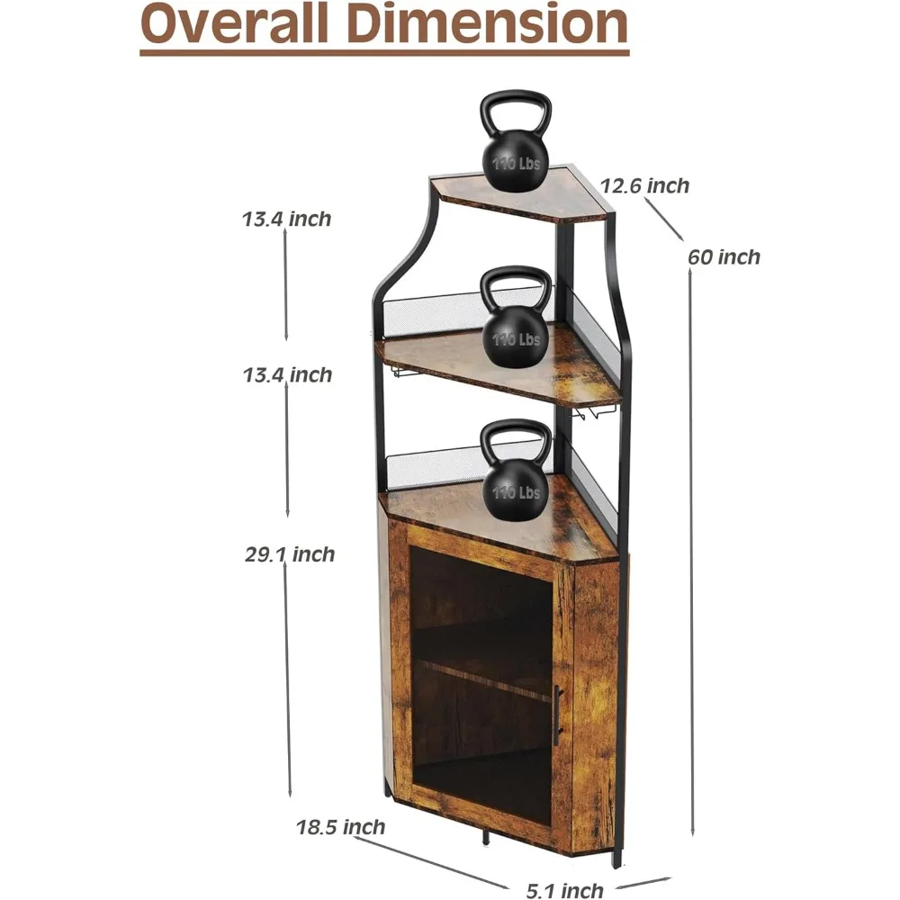 Eck-Barschrank mit LED-Licht, Weinbarschrank und Glashalter, 5-stufiger Stauraum, Eckschrank für Spirituosen, industrieller Wein