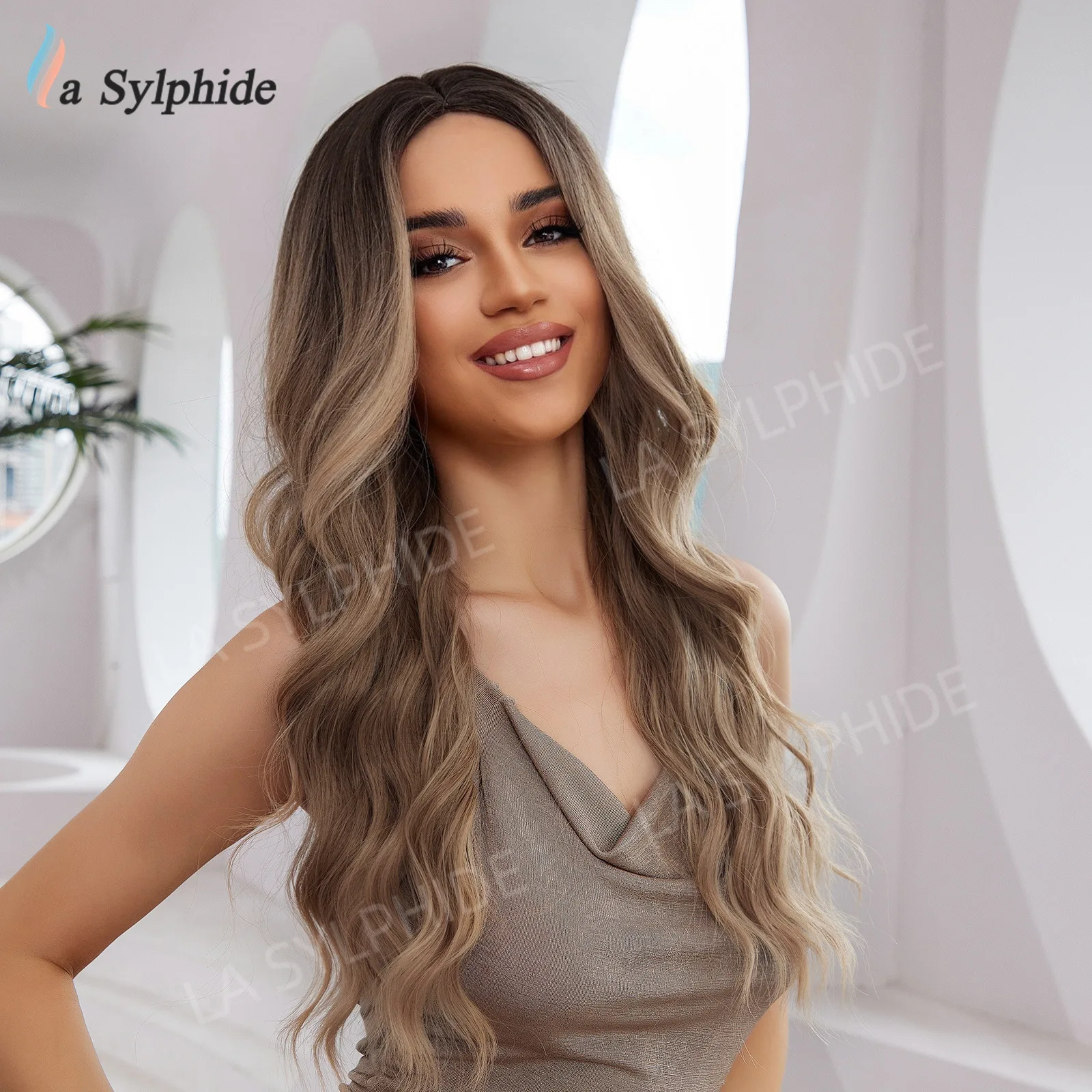 

Hot selling long curly hair wig for women with bangs, brown gradient gold rose mesh synthetic long wig