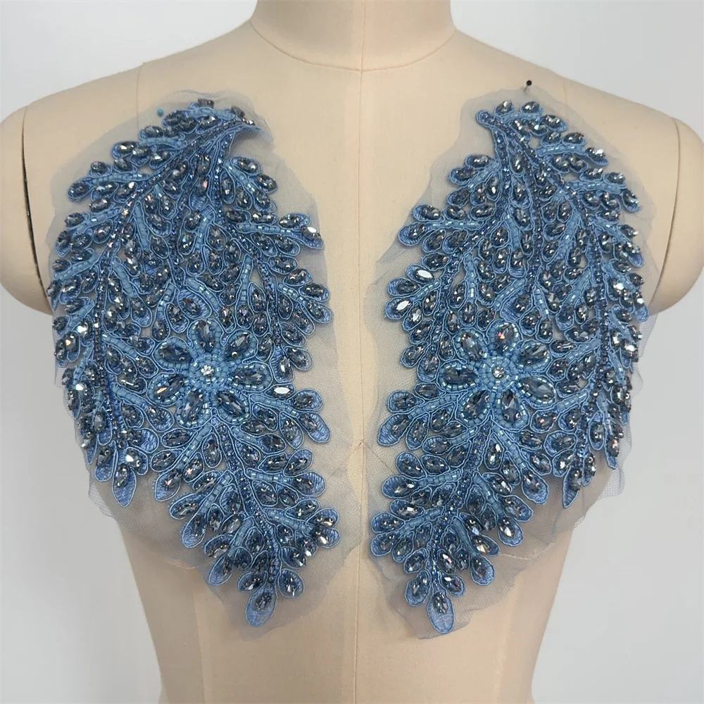 1 Pair Handmade Beaded Crystal Bodice Applique Patches Accessory for Dress Clothes
