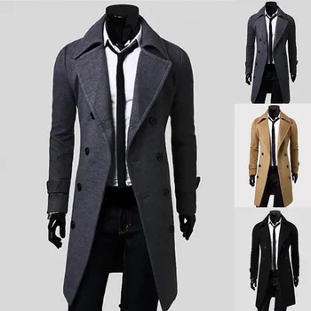Men's Simple Double-Breasted Wool Trench Coat 4 Simple Trench Coat Double-breasted Male Men Coat Coldproof Pure Color Jacket 4