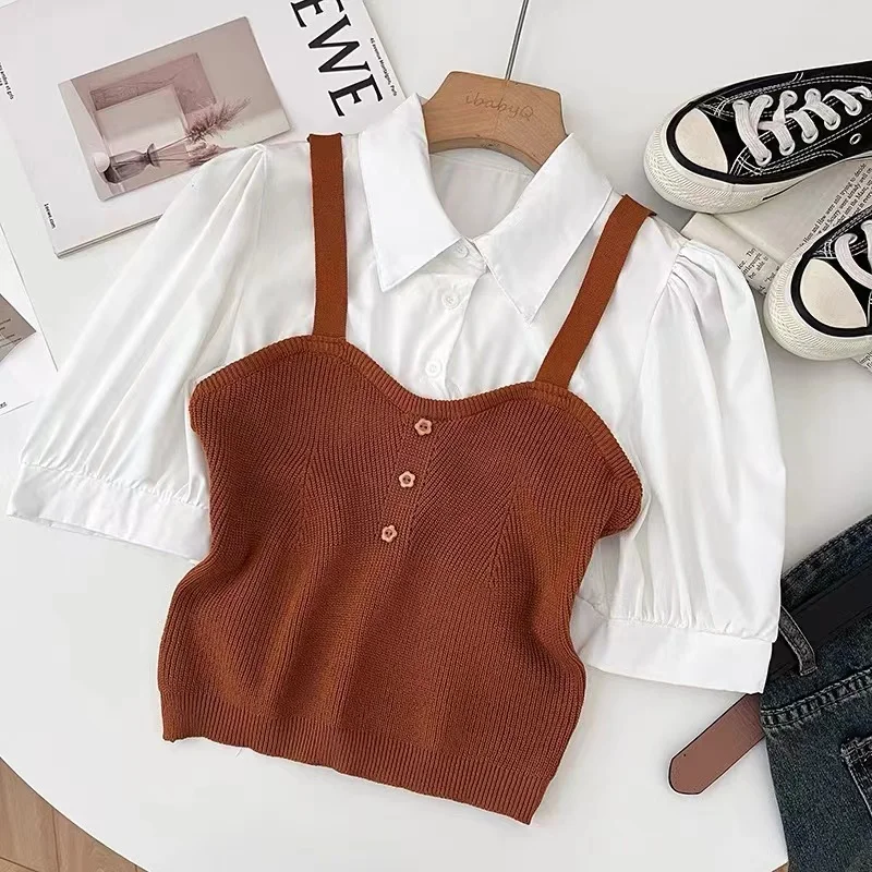 Fake Two Pieces Knitting Sling Patchwork Polo-Neck Sweet Cute Shirt Korean Slim Short Puff Sleeve Fake Single Breasted Pullovers