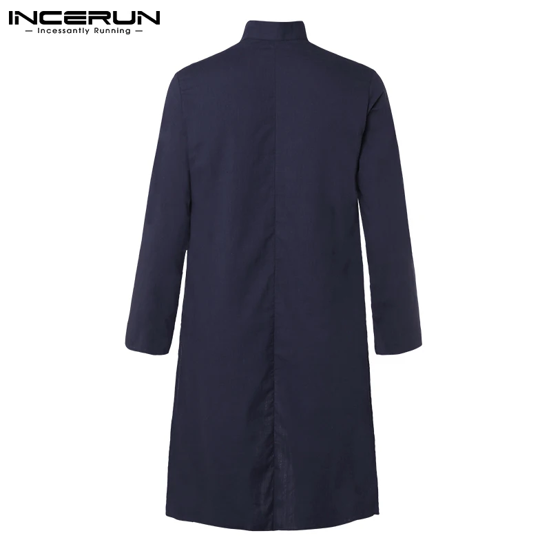 INCERUN Vintage Men Casual Shirt Cotton Long Sleeve Stand Collar Solid Color Long Tops Streetwear Retro Muslim Kaftan Camisas