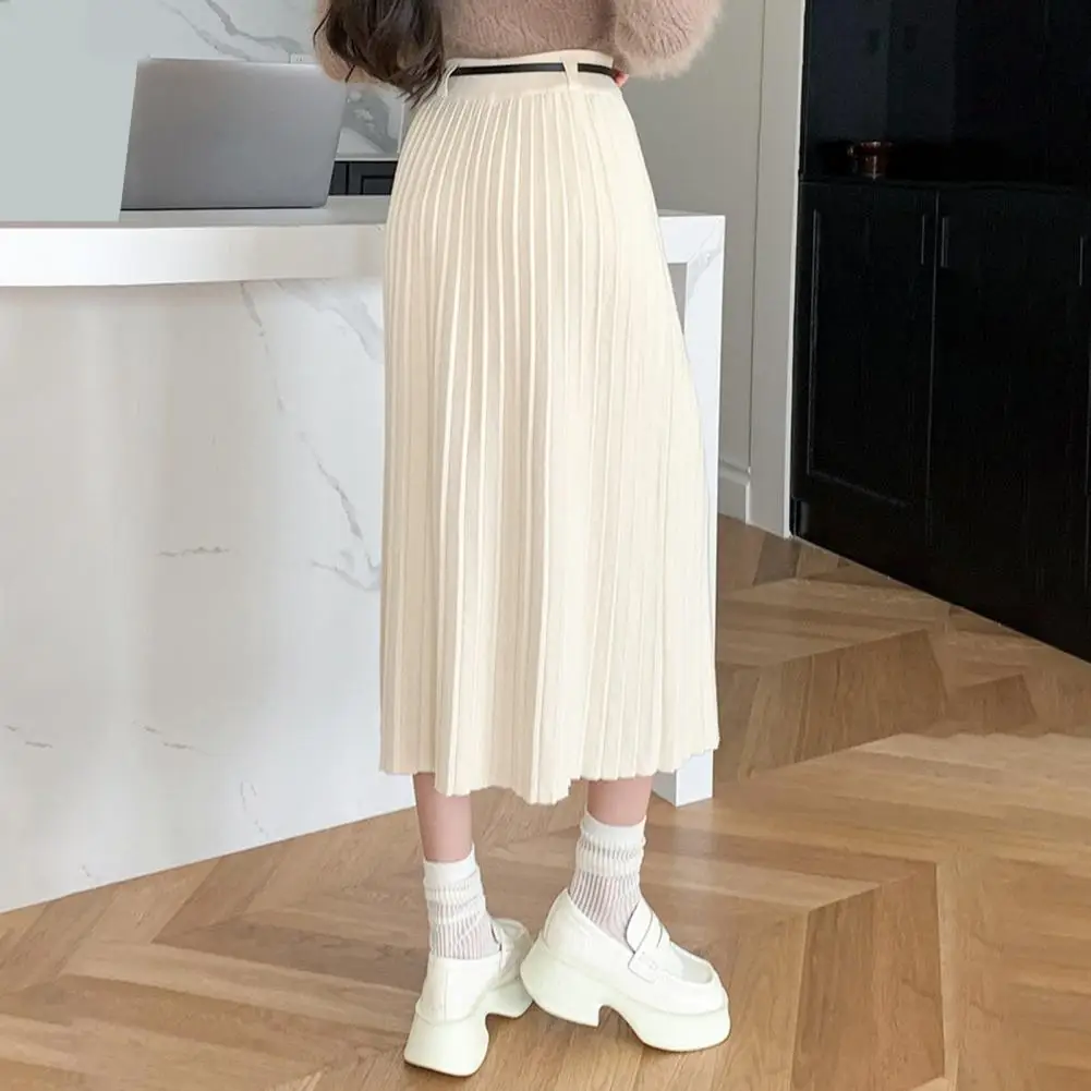 Solid Color Skirt Elegant High Waist Knitting Skirt for Women Solid Color Pleated Midi Skirt Autumn Winter Wear Fashion Piece