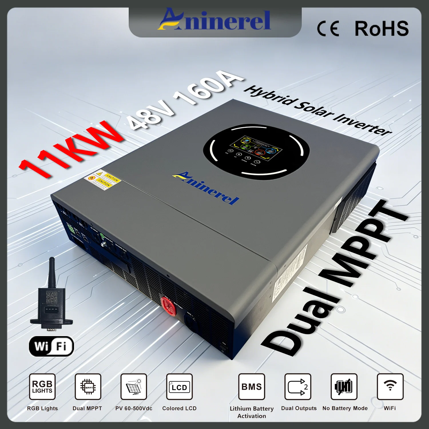 Aninerel 11KW 48V Dual MPPT Solar Inveter 160A 500VDC Pure Sine Wave Dual Outputs Hybrid Home Inverter With WIFI LCD Display