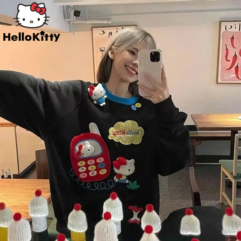 

Sanrio Hello Kitty Embroidered Sweet Cute Round Neck Hoodies Loose Korean Style New Women's Autumn Winter Plush Printed Pullover