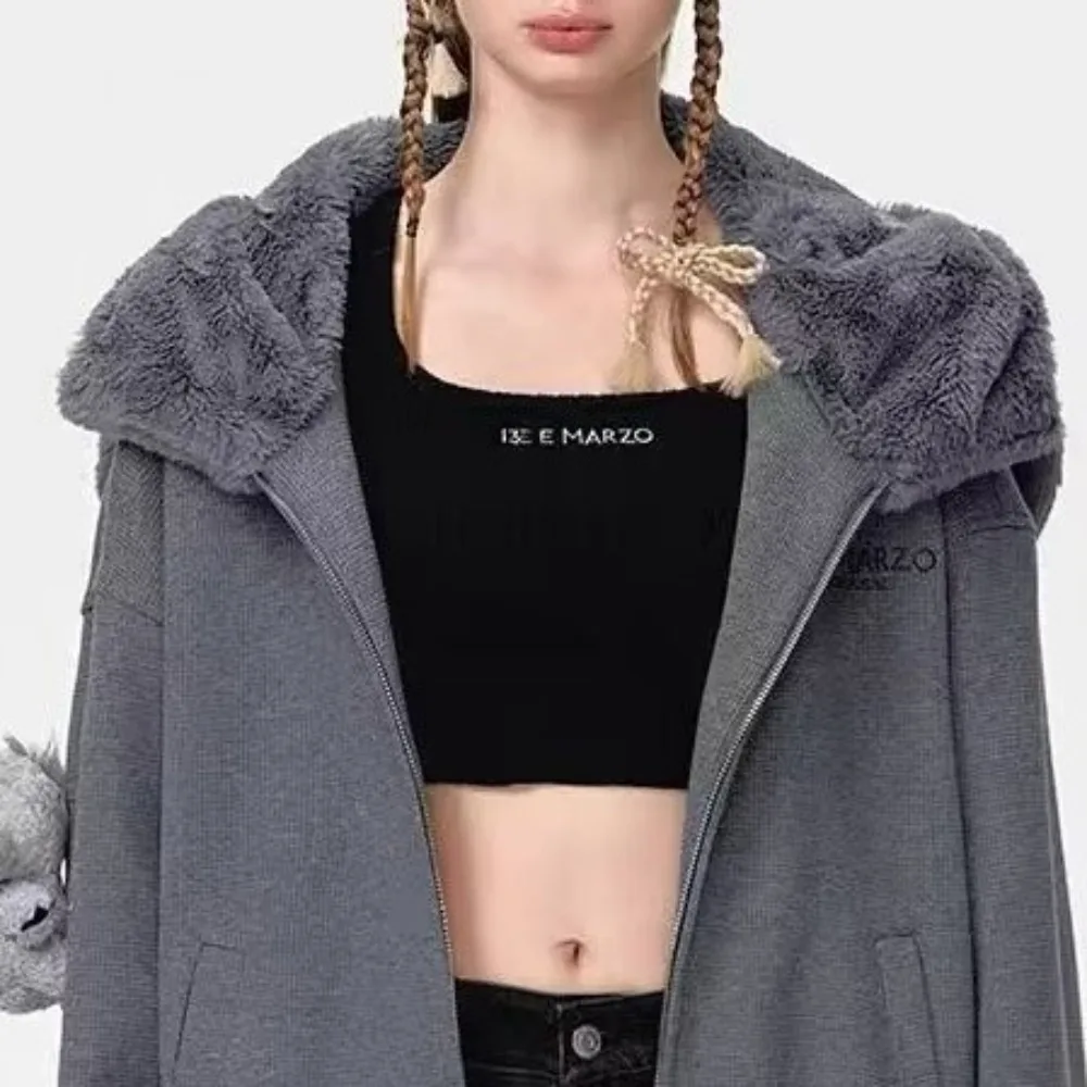 テスコ グレー コアラ デコレーション オーバーサイズ ジップアップ パーカー スウェットシャツ - カジュアル デイリーウェア