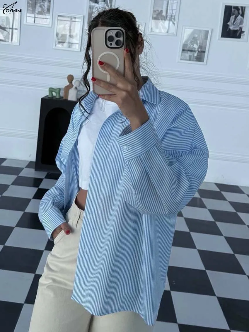 Oymimi Fashion Blue Print Woman Blouses Autumn Turn-Down Collar Long Sleeve Lace-Up Blouses Elegant Single Breasted Loose Blouse