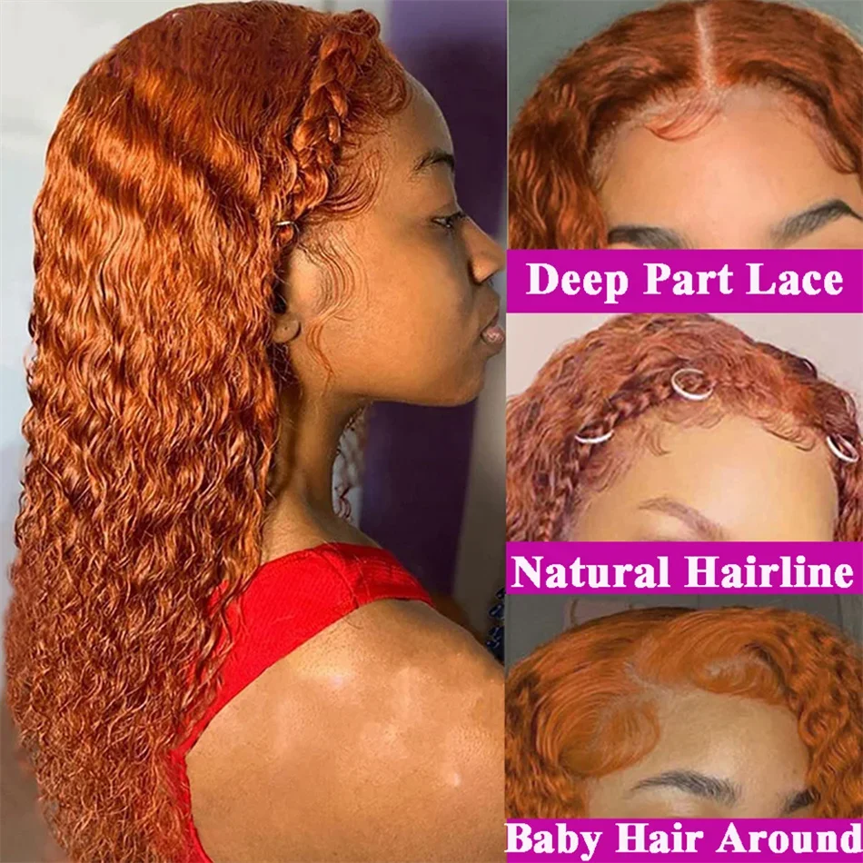 # 350 encaracolado onda de água peruca dianteira do laço cabelo humano 13x6 hd gengibre laranja onda profunda peruca dianteira do laço pré arrancado para mulher 210% densidade