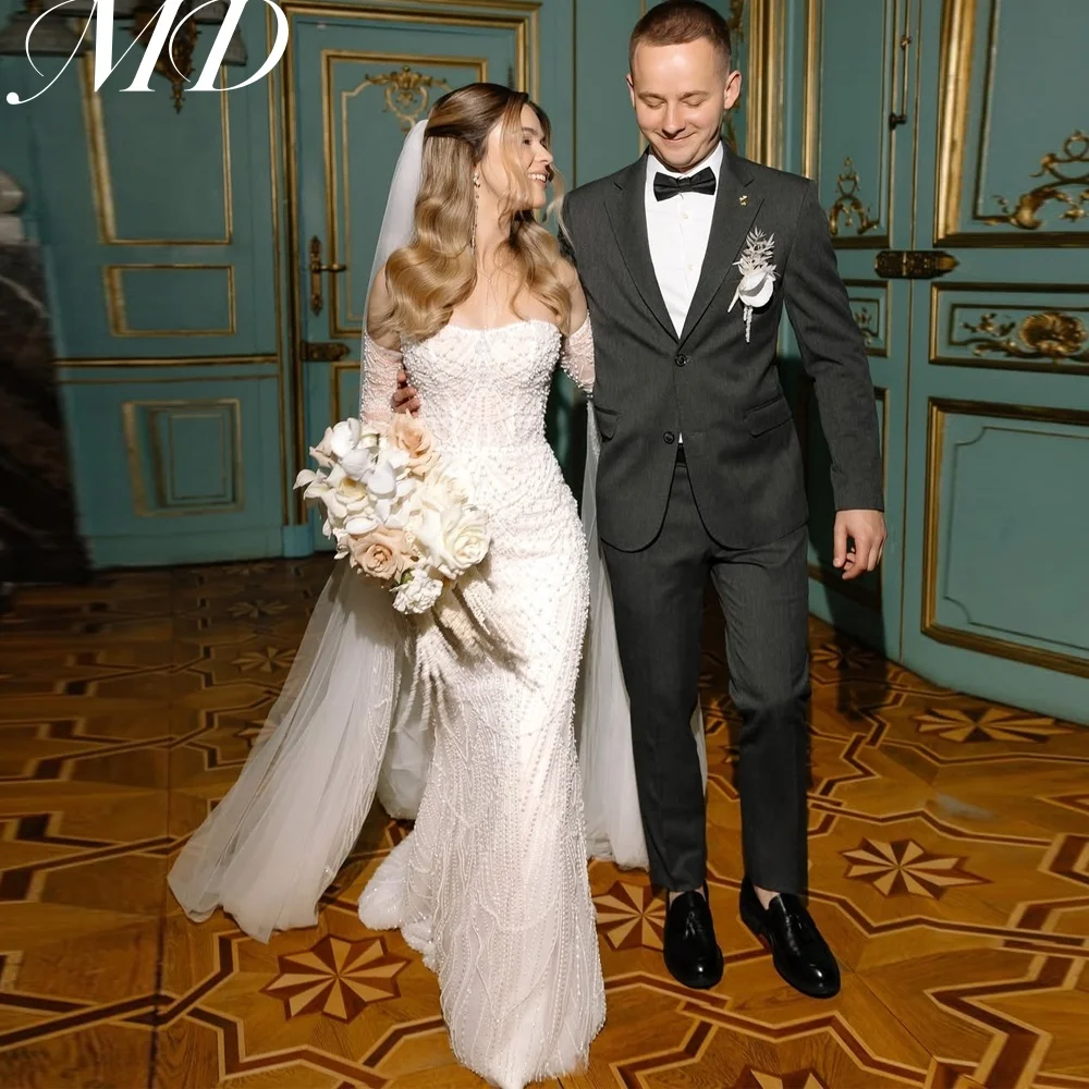 

MD 2025 Customized Luxury Beading Lace Mermaid Wedding Dresses Illusion Off Shoulder Cap Long Sleeves Bridal Gown Robe De Mariée