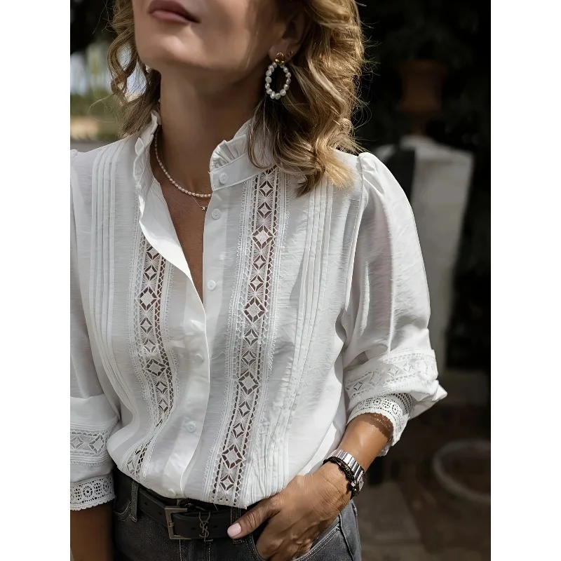 

Весна 2022, новый темпераментный топ, французская высококачественная женская рубашка с длинными рукавами и воротником-стойкой с грибком