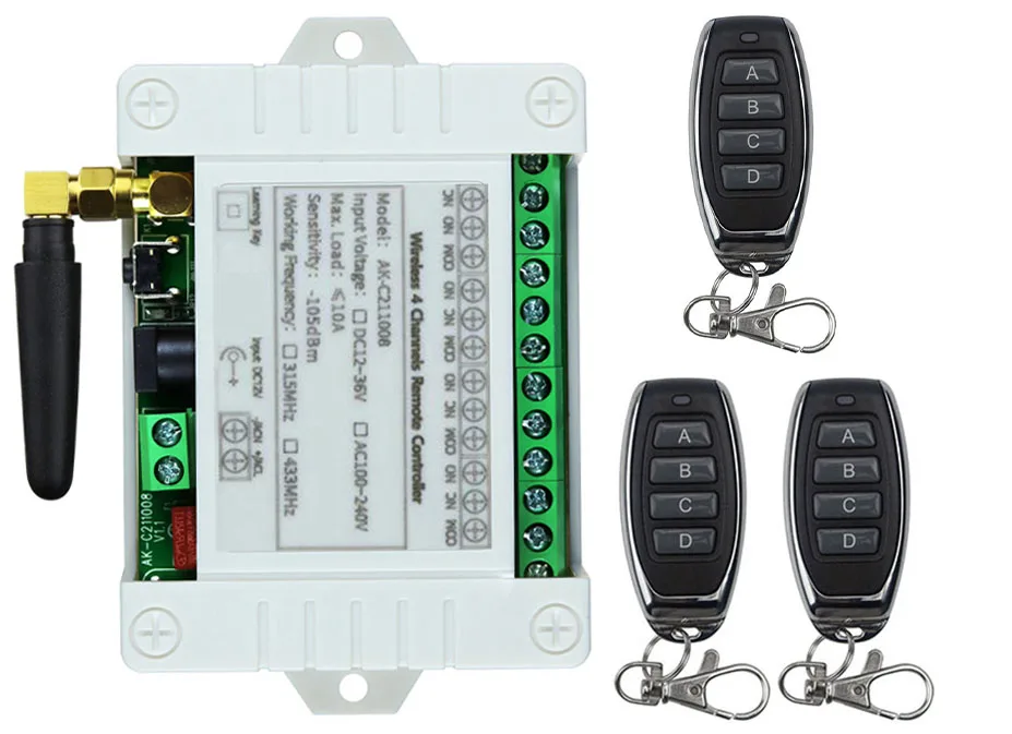 Smart Multiple DC 12V 24V 36V 10A 433 МГц 4-канальный 4-канальный беспроводной реле RF пульт дистанционного управления приемник + металлический передатчик