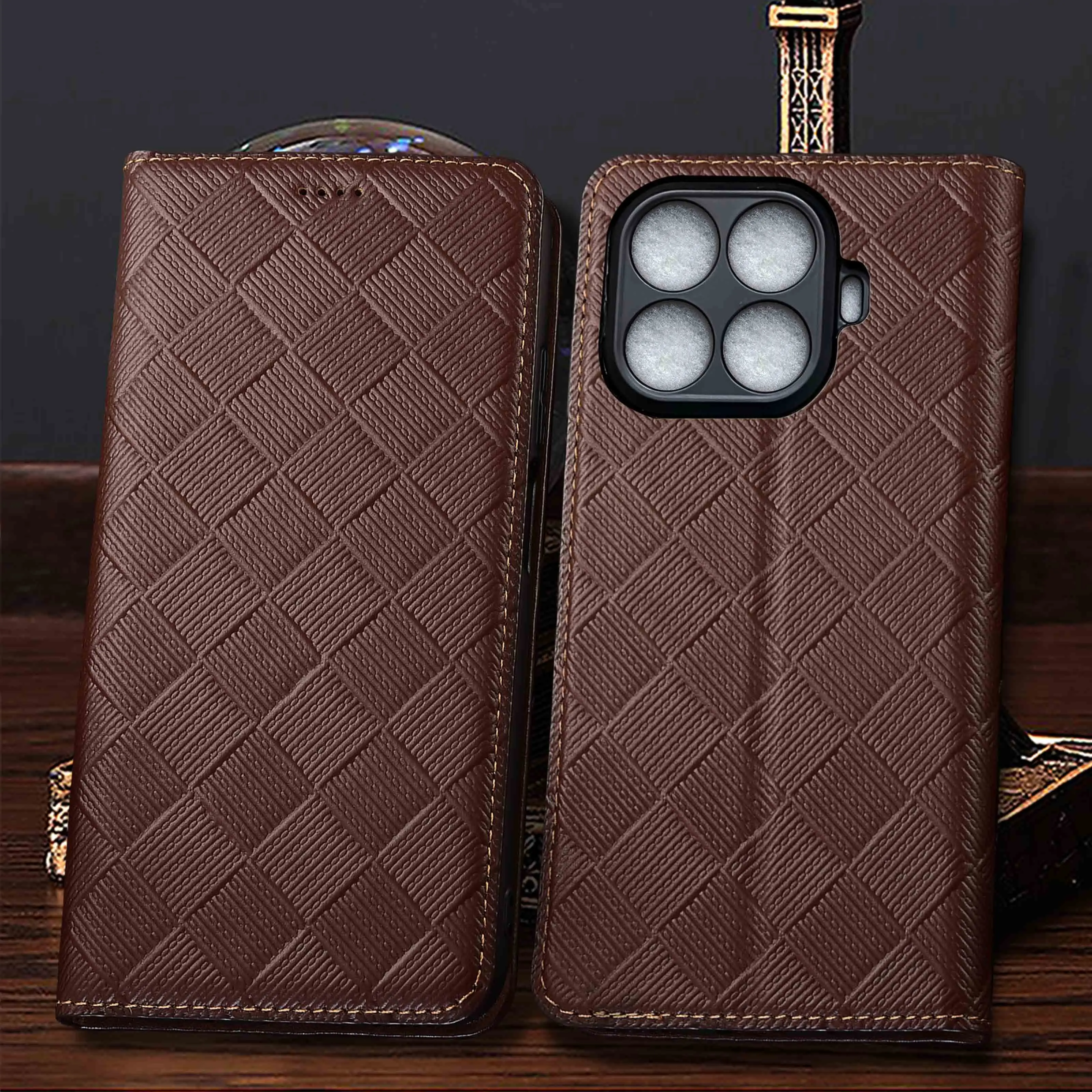 For Xiaomi 12 12S 12X 12T 13 13T 14 14T 15 15T 15S 17 17T Pro Ultra Lite Max Knit Pattern Genuine Leather Flip Phone Cover Case