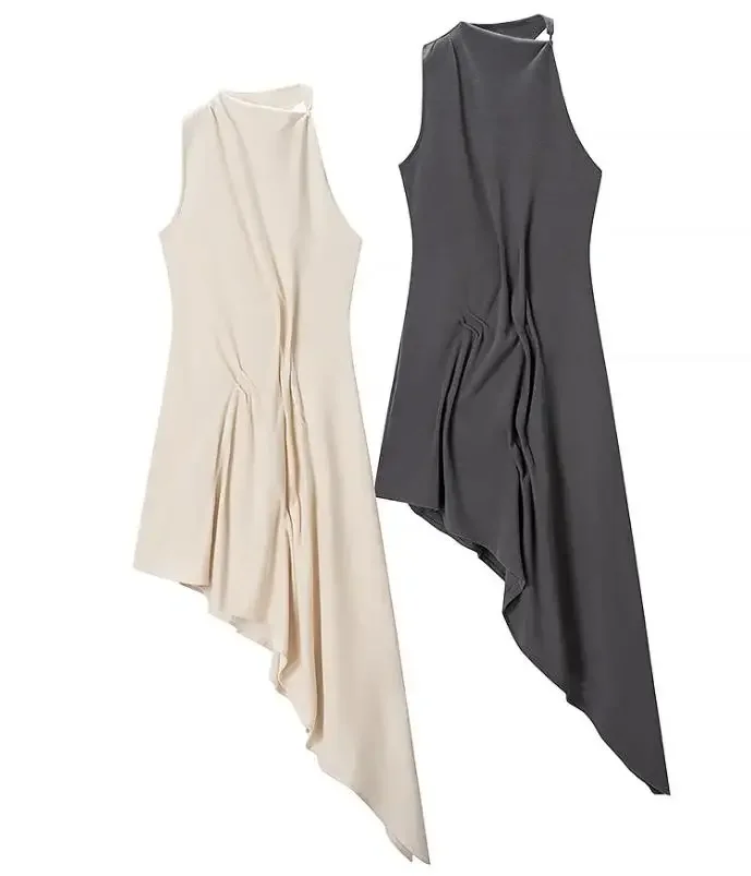 Elegant Solid Sleeveless Midi Dress Fashion Draped High Neck Waist Cinched Dresses 2026 Summer New Lady Evening Party Gowns