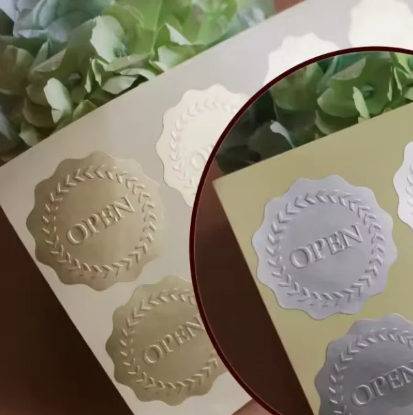 Customized special texture paper embossed stickers with various shapes for packaging and decoration