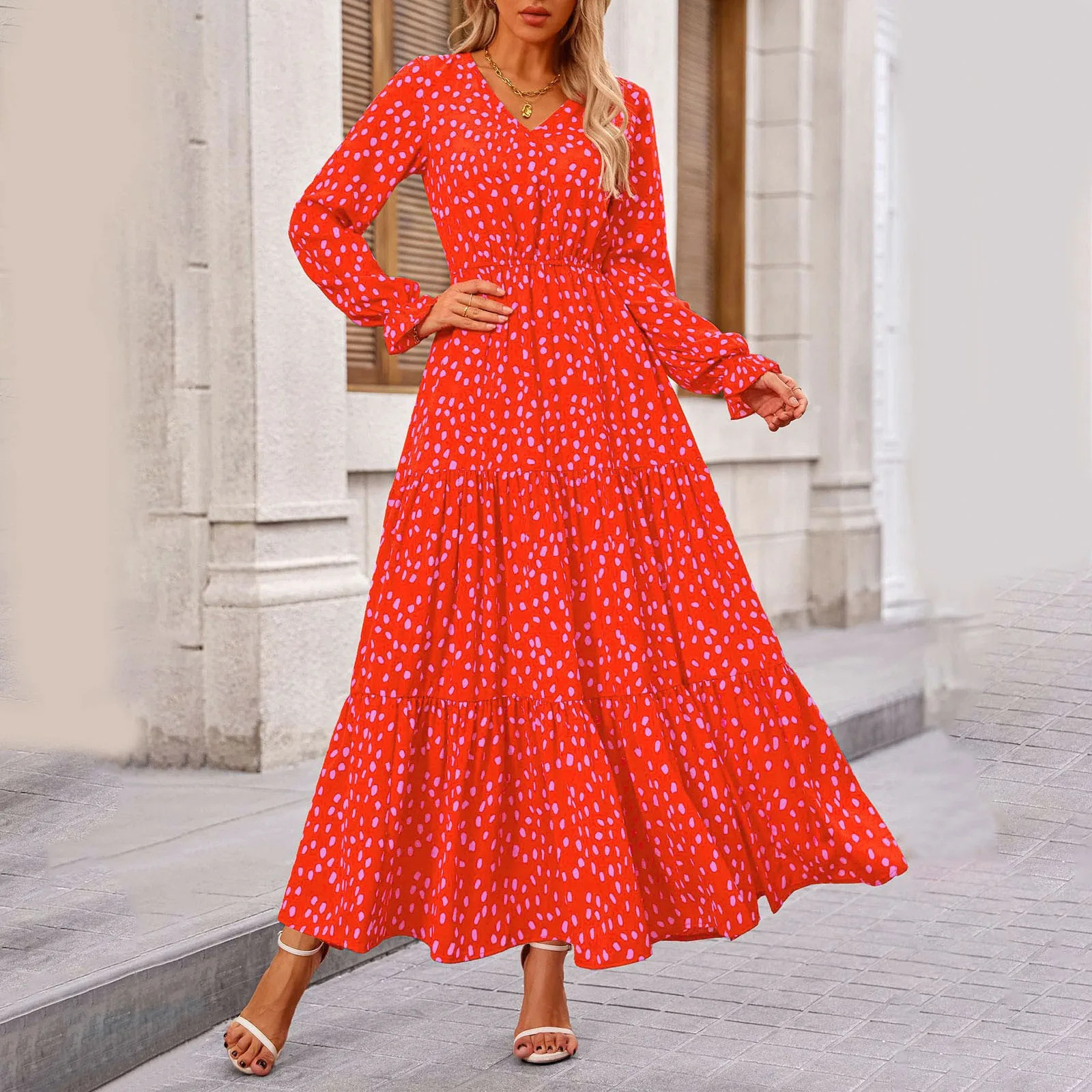 Abiti autunnali da donna Casual manica lunga scollo a V Abiti maxi stampati Boho floreali per abiti estivi per le vacanze degli ospiti di nozze Taglie forti