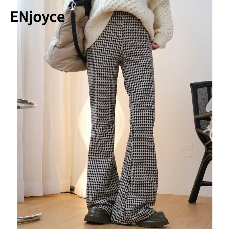 Women Vintage Plaid Check Flared Pants Fall Winter Ladies Streetwear Korean Fashion Straight High Waist Slim fit Trousers