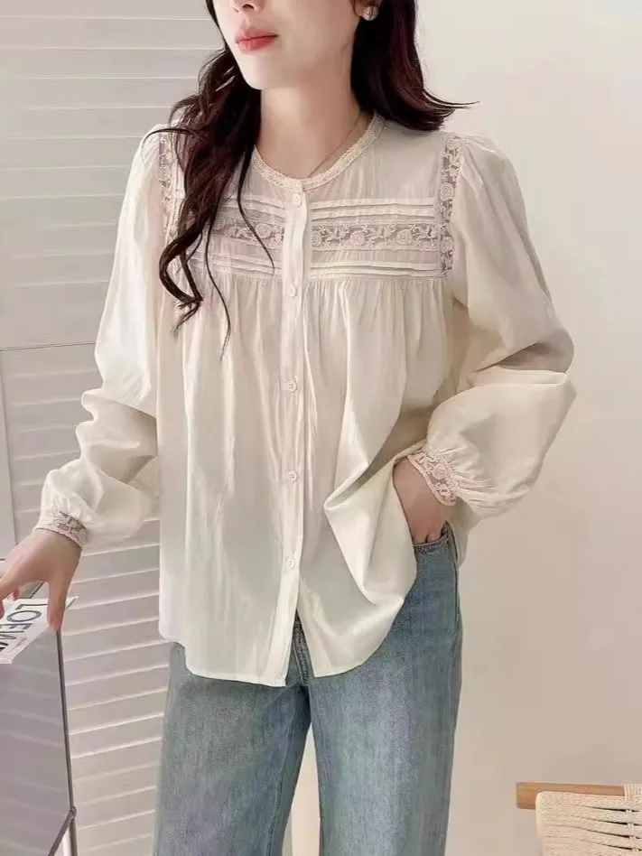 

Elegant blouse for women autumn Korean fashion long sleeve lace patchwork embroider shirts and blouses vintage women's clothes