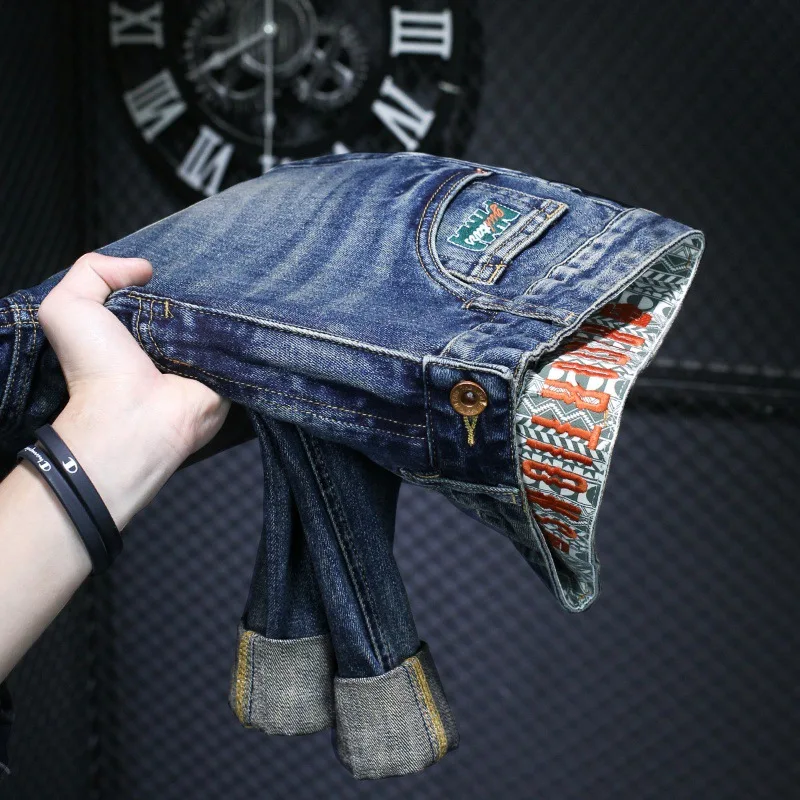 2024 New High-End Embroidery Jeans Men\'s Slim-Fitting Small Straight Loose Fashion Trendy Leisure Washed-out Blue Pants