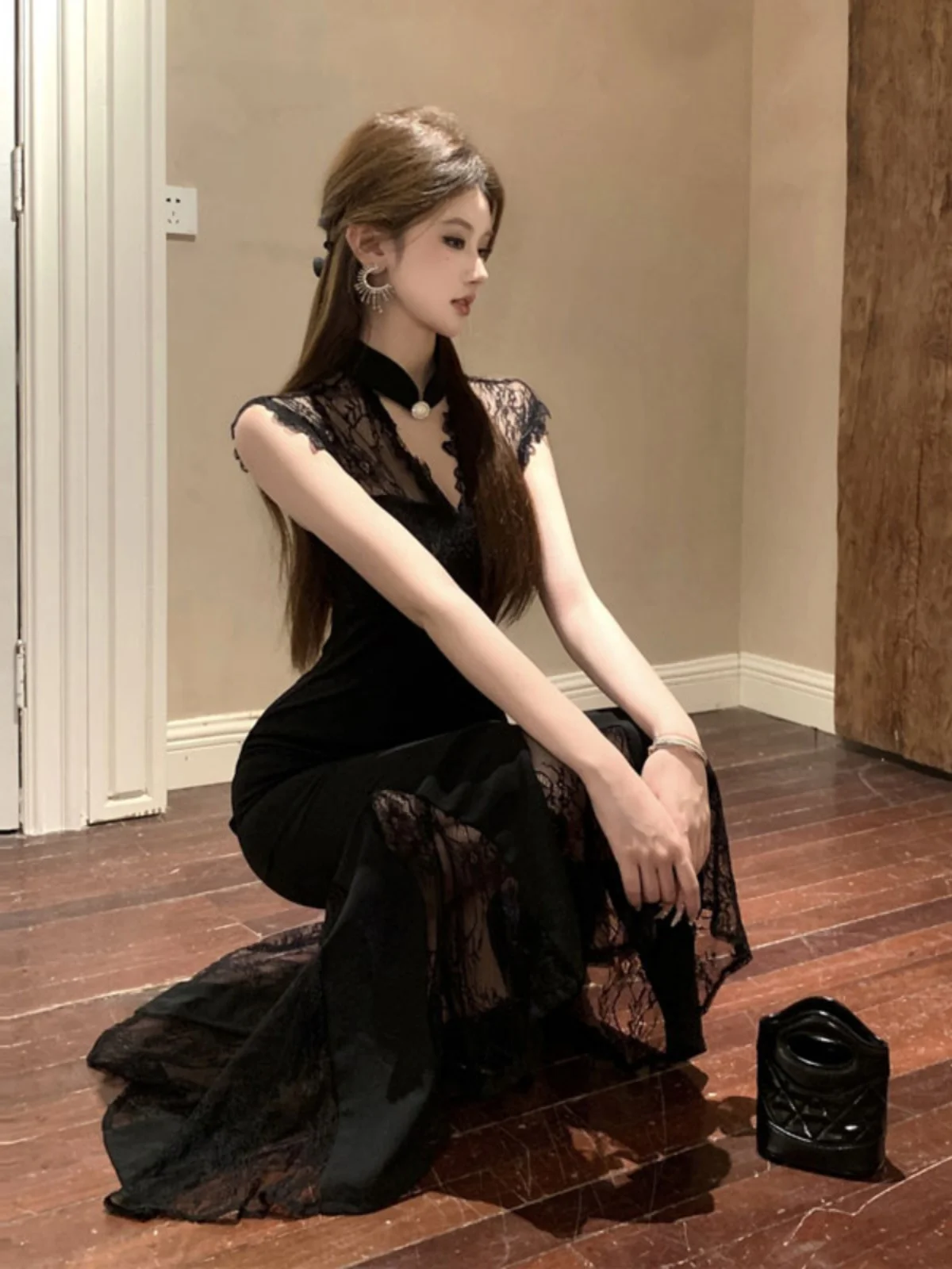 

Sexy Lace Bodycon Fish Tail Dress New Chinese Style National Trend Revamped Qipao Trendy Lady Summer 2026 Cotton Blend Dress