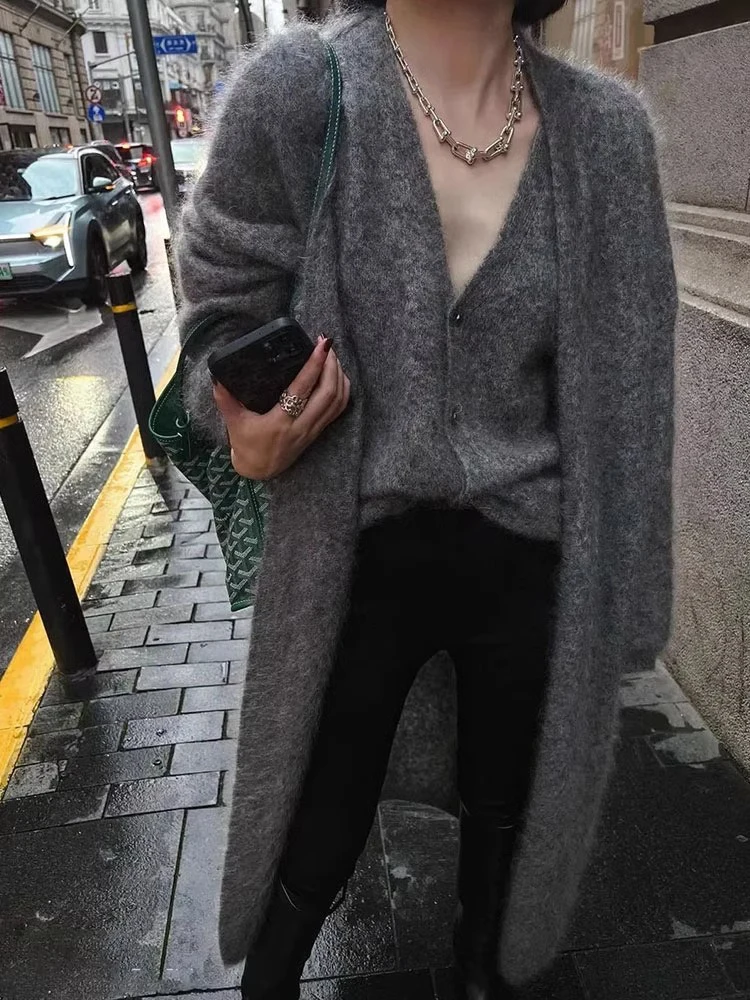 2024 Women Knitted Long Cardigan Autumn Loose V Neck Full Long Sleeve Sweater Coat Elegant Chic Office Lady Knitwear