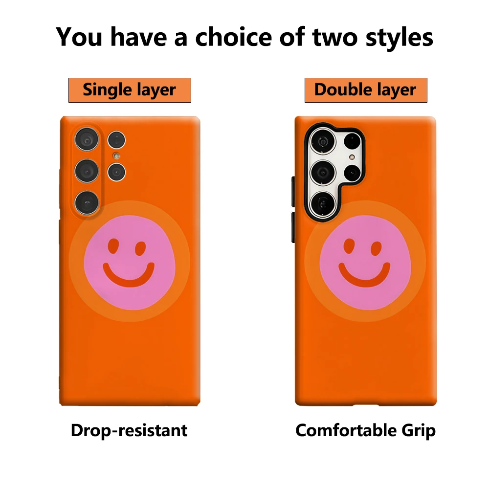 حافظة هاتف ريترو وردي مبتسم لهاتف سامسونج جالاكسي S25 Ultra S24 S23 Ultra Plus غطاء خلفي لامع بطبقة مزدوجة