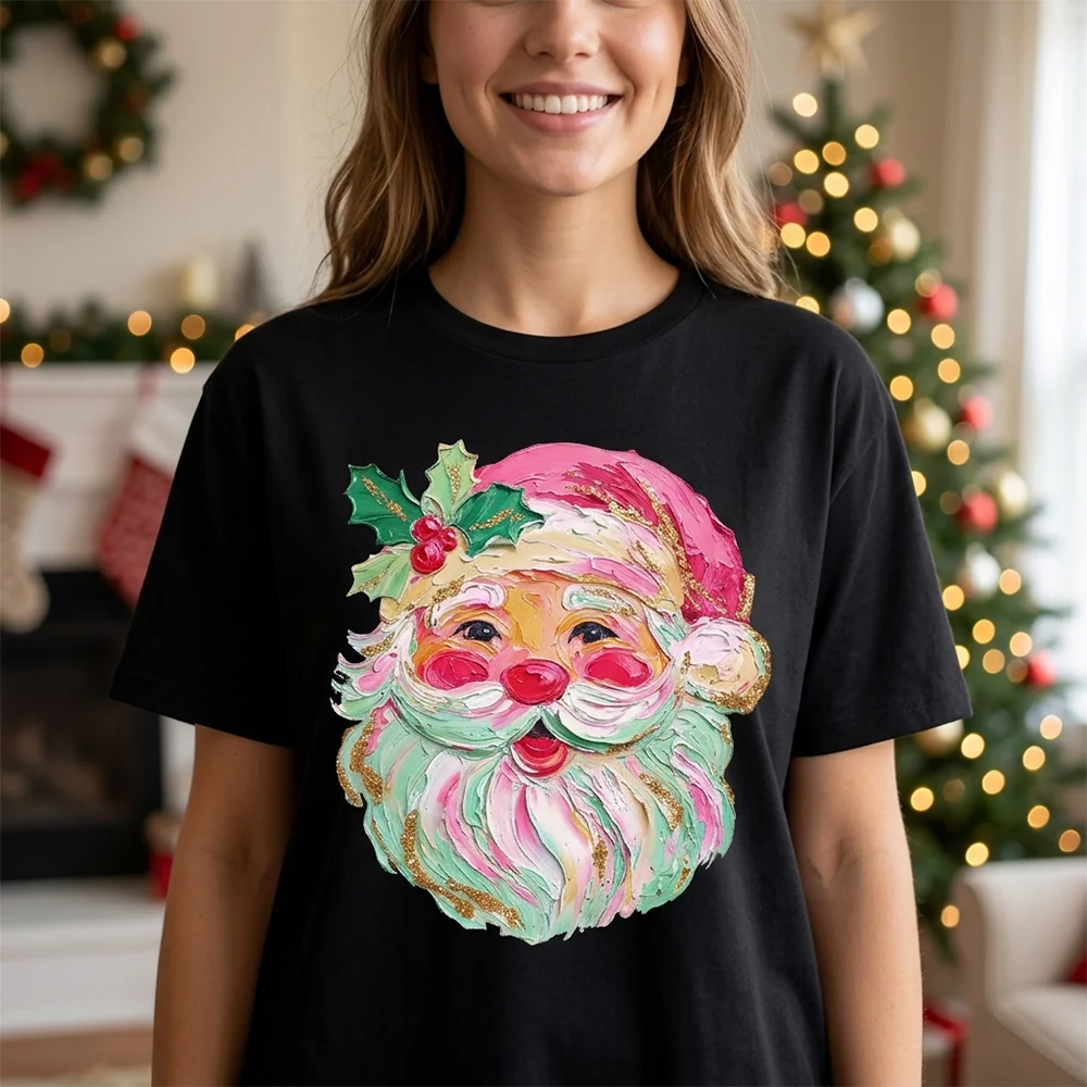 Women T Shirt Cute Santa Claus Graphic Print Short Sleeve Cotton Christmas Holiday Summer Casual Loose Tee Tops Female Clothing