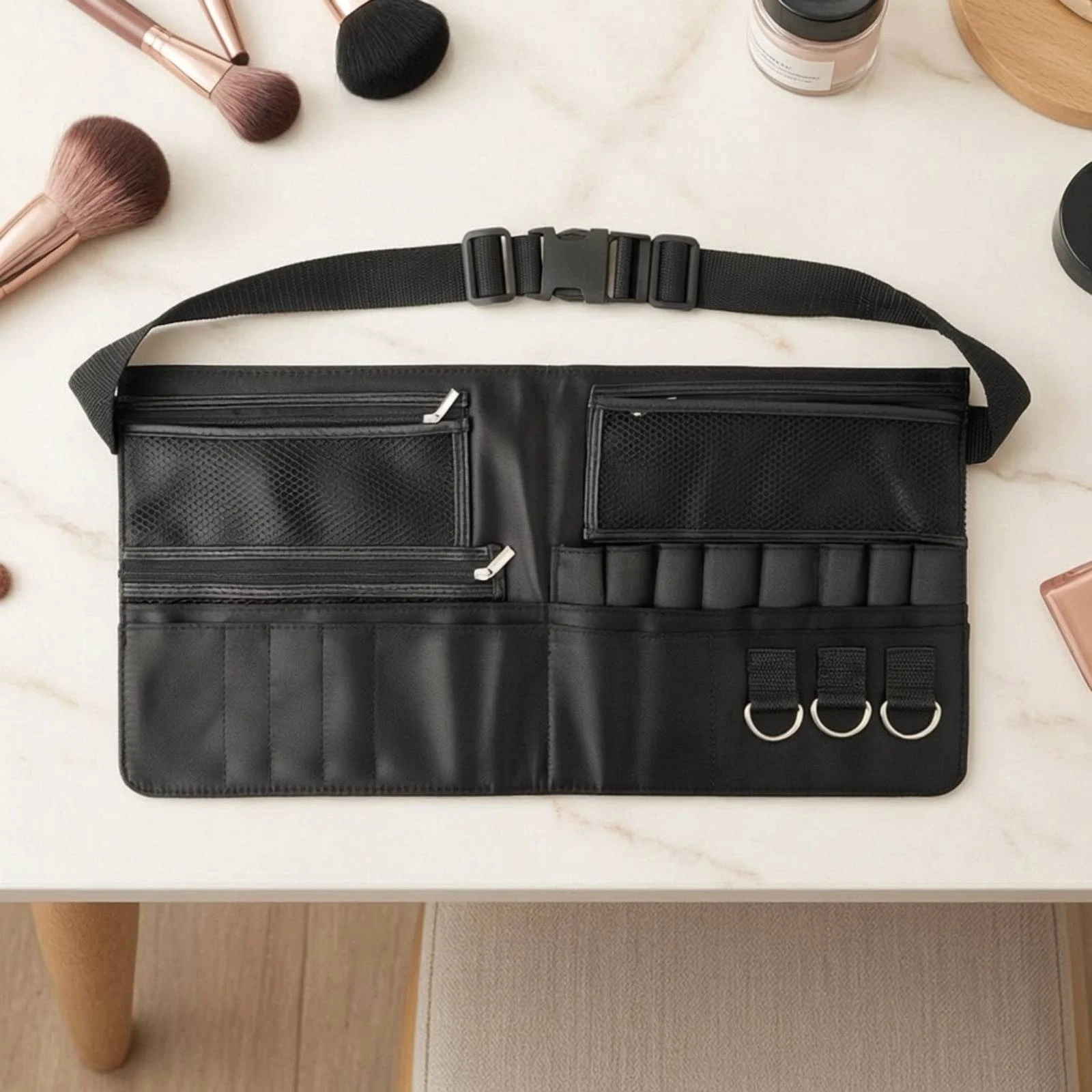 Makeup Brush Belt Bag Multi-Pocket Makeup Brush Belt Apron Lightweight Sturdy for Cosmetologists, Behind-the-Scenes, Travel view 2