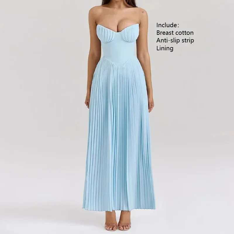 Elegant Pleated Hem Maxi Dresses Women Sexy Corset Wrap Luxury Sleeveless High Waist A Line Robe Summer Holiday Party Vestidos