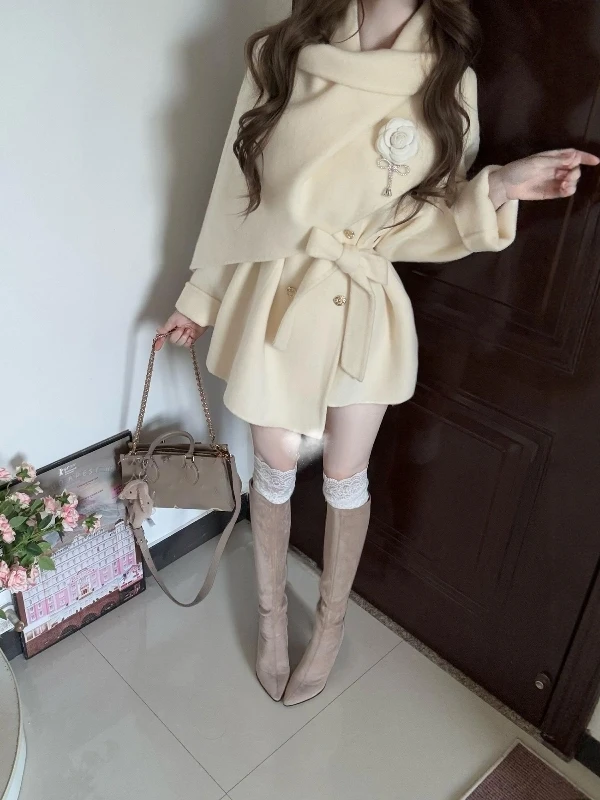 

Корейское модное пальто премиум-класса с поясом, укороченное, из шерсти, тренд осени 2026 года