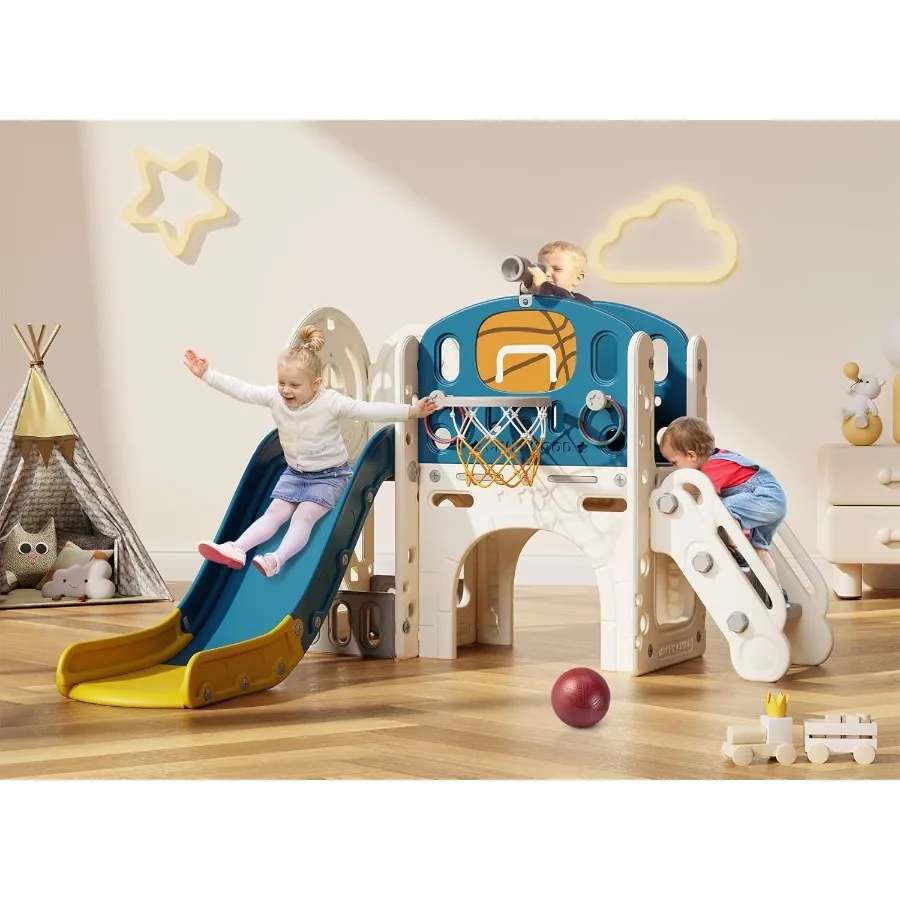 9 in 1 Toddler Slide Kid Slide for Toddlers Age 13 with Ring Toss Basketball Hoop and Telescope Indoor Outdoor Playset Playgrou