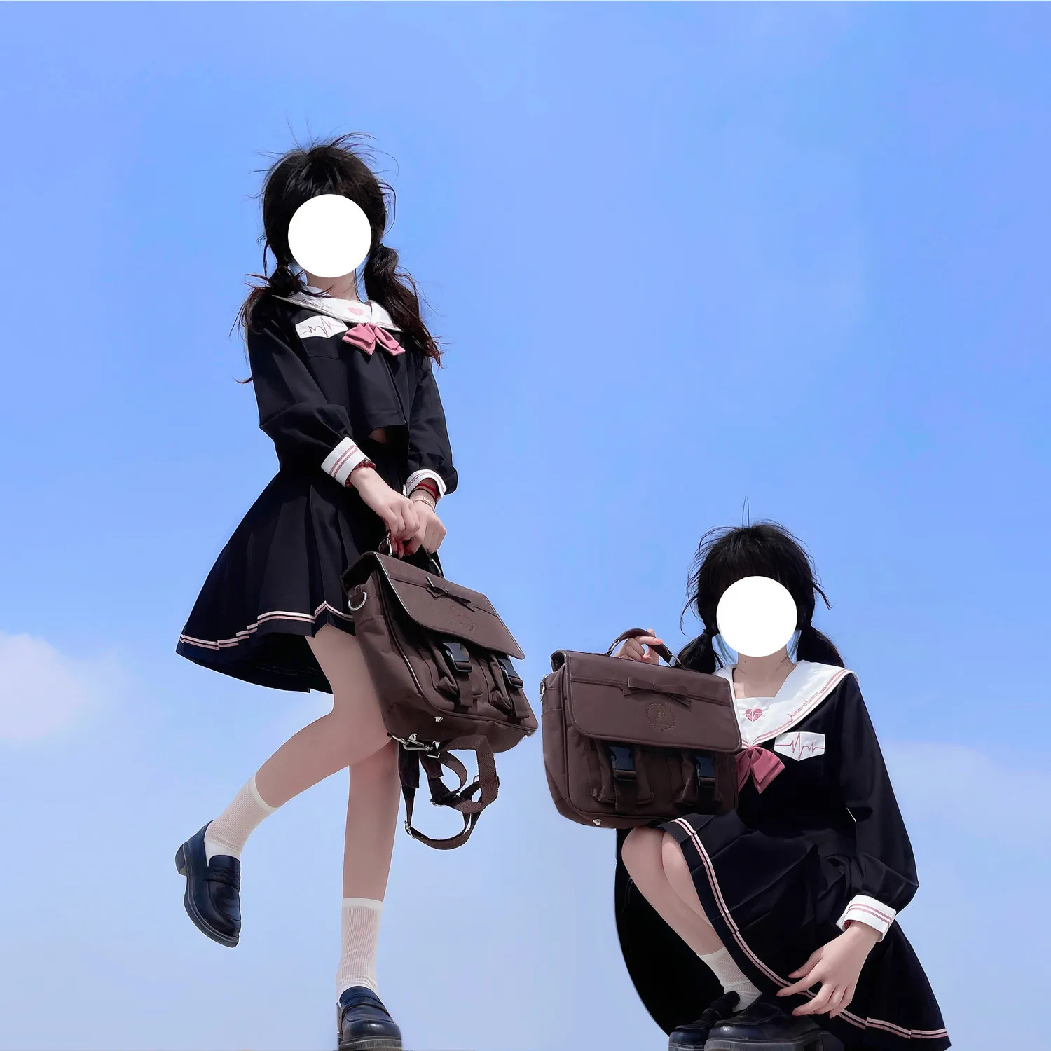 [heartbeat]Genuine JK uniform black and pink girl sweet long short sleeved short skirt sailor suit