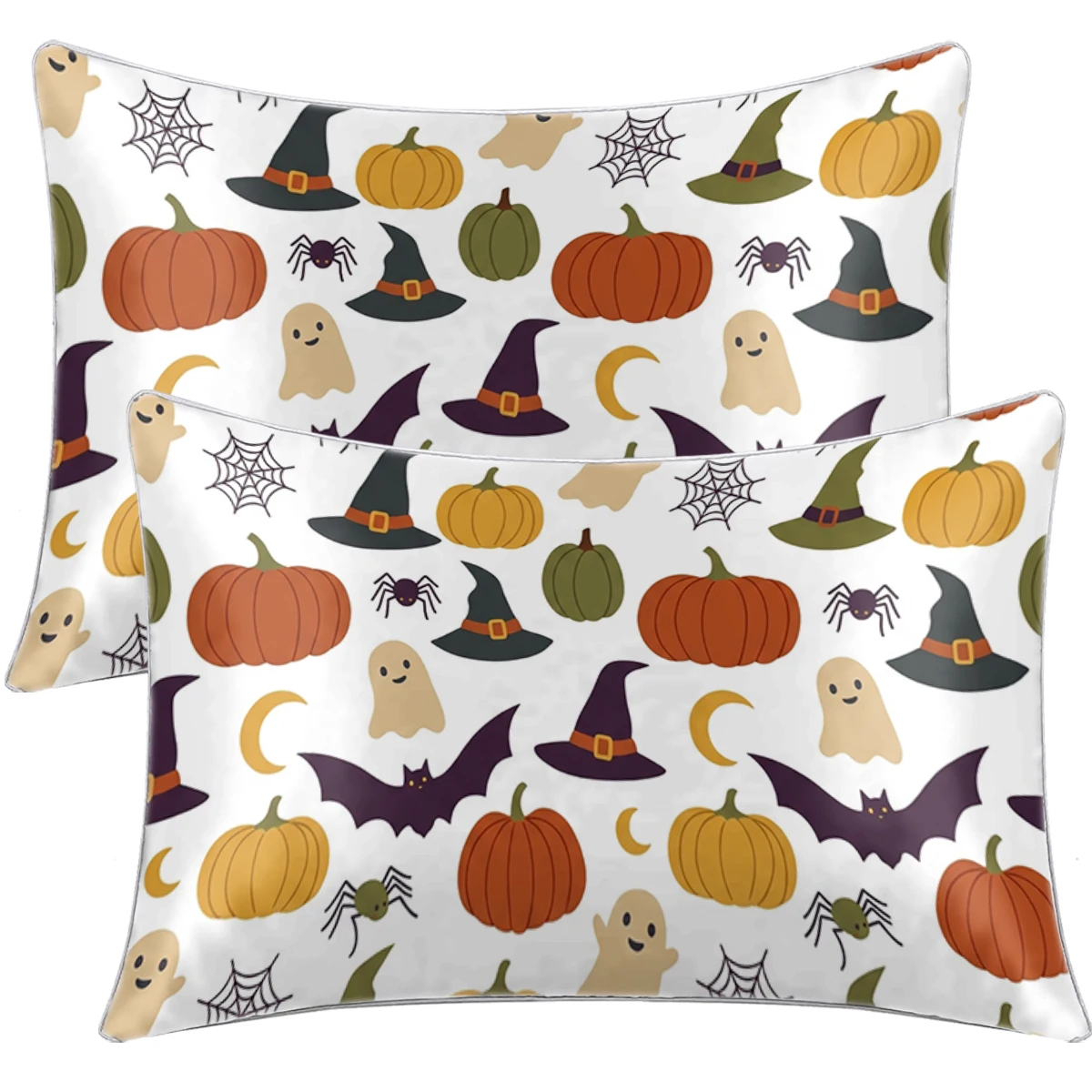 2PC Satin Pillowcase Silky Soft Fabric Pumpkin Ghost Witch Hat Print Bedroom Sofa Halloween Decor Envelope Cover For Hair Care