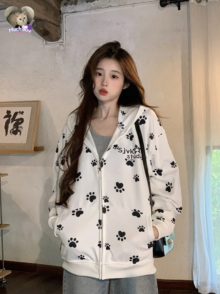 Many Cute Dog Paw Print Hooded Zippered Hoodies for Woman Spring and Autumn Fashion Trend Casual Comfy Sweet Thin Coat Harajuku