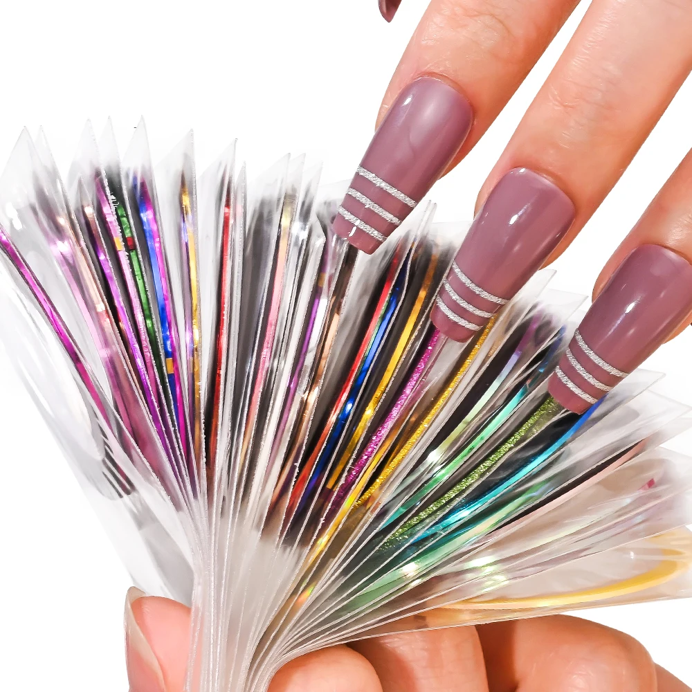 1/2/3mm Gemengde Kleurrijke Metallic Franse Nagel Striping Lijn 10 Rollen Laser Goud Zilver Nagel lijn Franse Smalle Klatergoud Lijn Slider