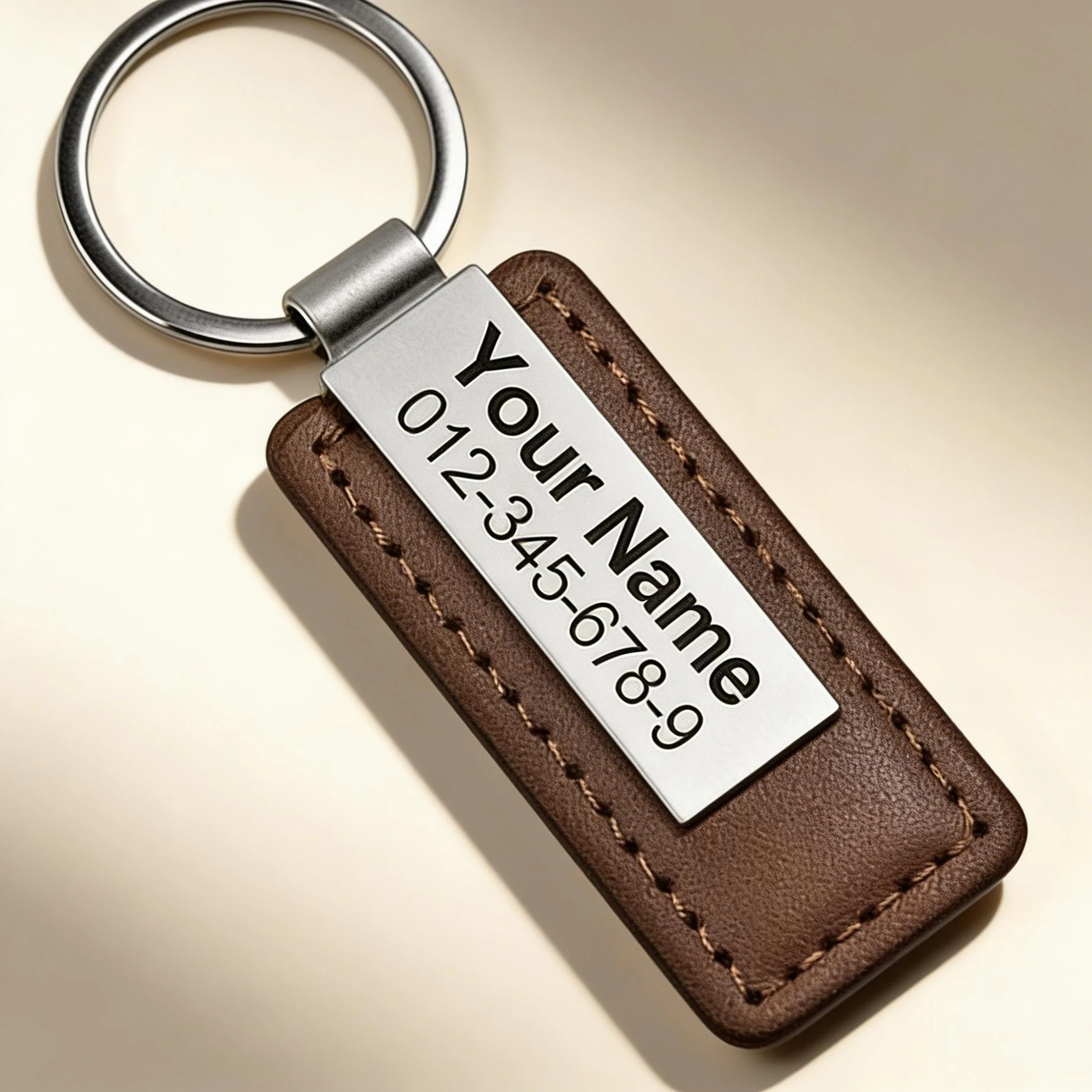 Customizable Name & Phone Number Key Chain Personalization Premium PU Leather Keychain with Stainless Steel ID Tag for Men Gifts