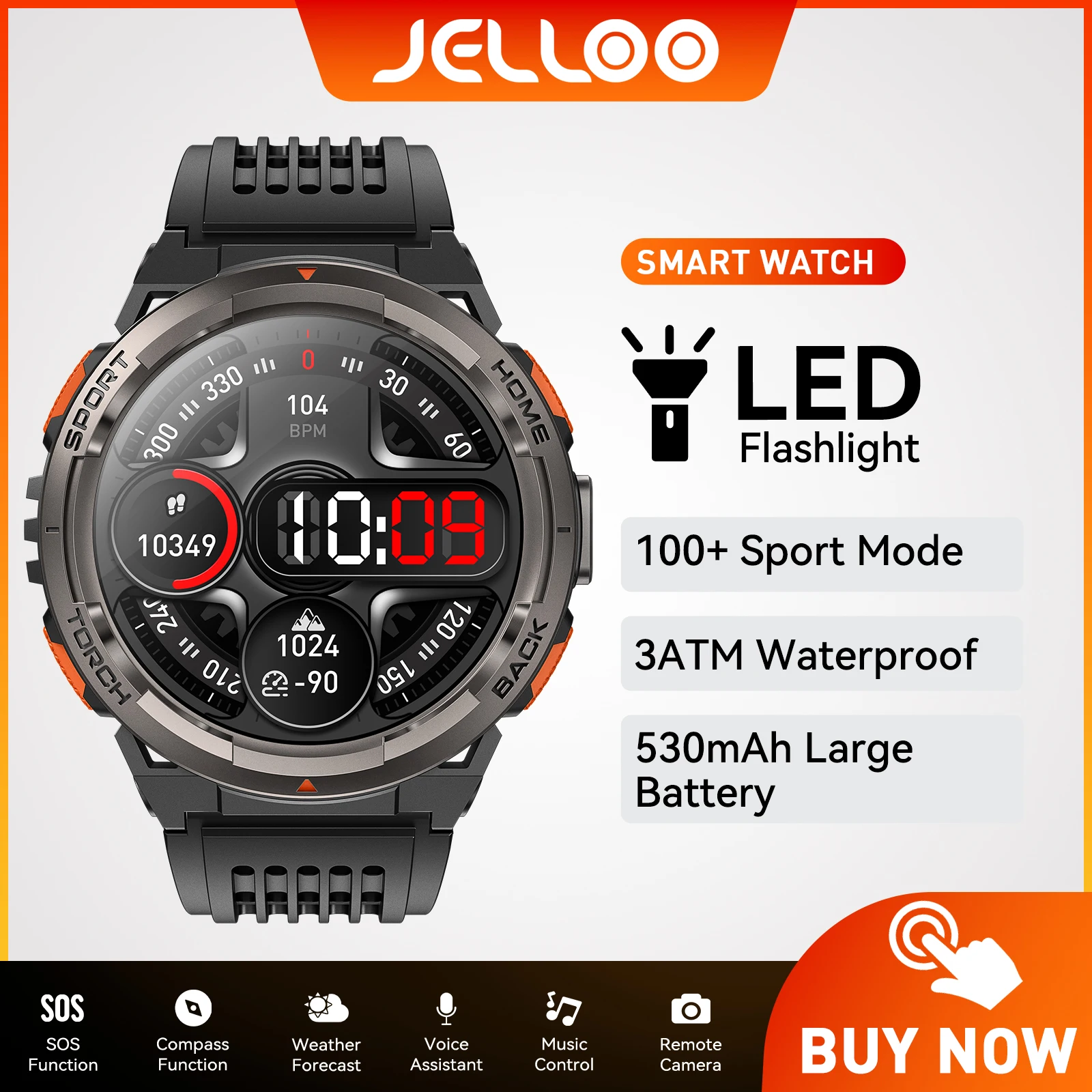 

JELLOO 2025 Смарт-часы для мужчин со светодиодным фонариком и большой батареей 530 мАч, компас, барометр высоты, SOS-будильник, фитнес-трекер