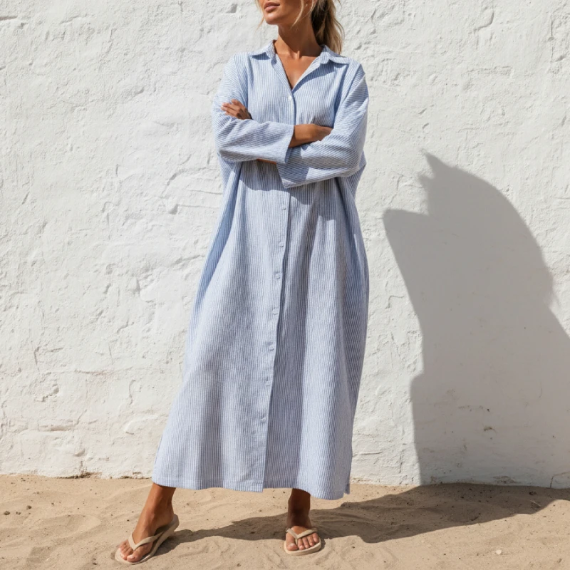 ZANZEA Damen-Maxikleid, locker, gestreift, lang, lässig, übergroß, Umlegekragen, lange Ärmel, Knopfleiste, seitlicher Schlitz, Hemdkleid, 3XL