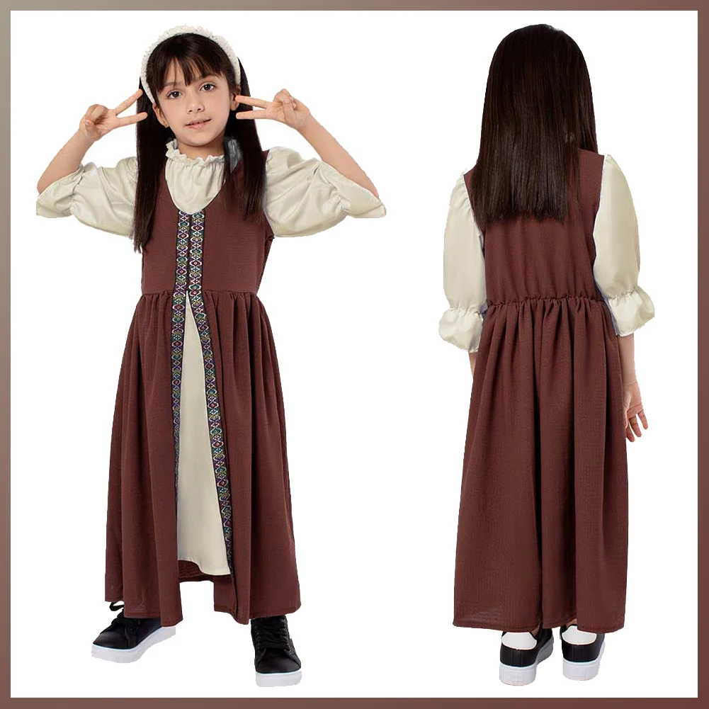 Kids Renaissance Medieval Cosplay Girls Dress Retro Court Noble Costume Robe Long Dress Children Halloween Fantasia Outfits