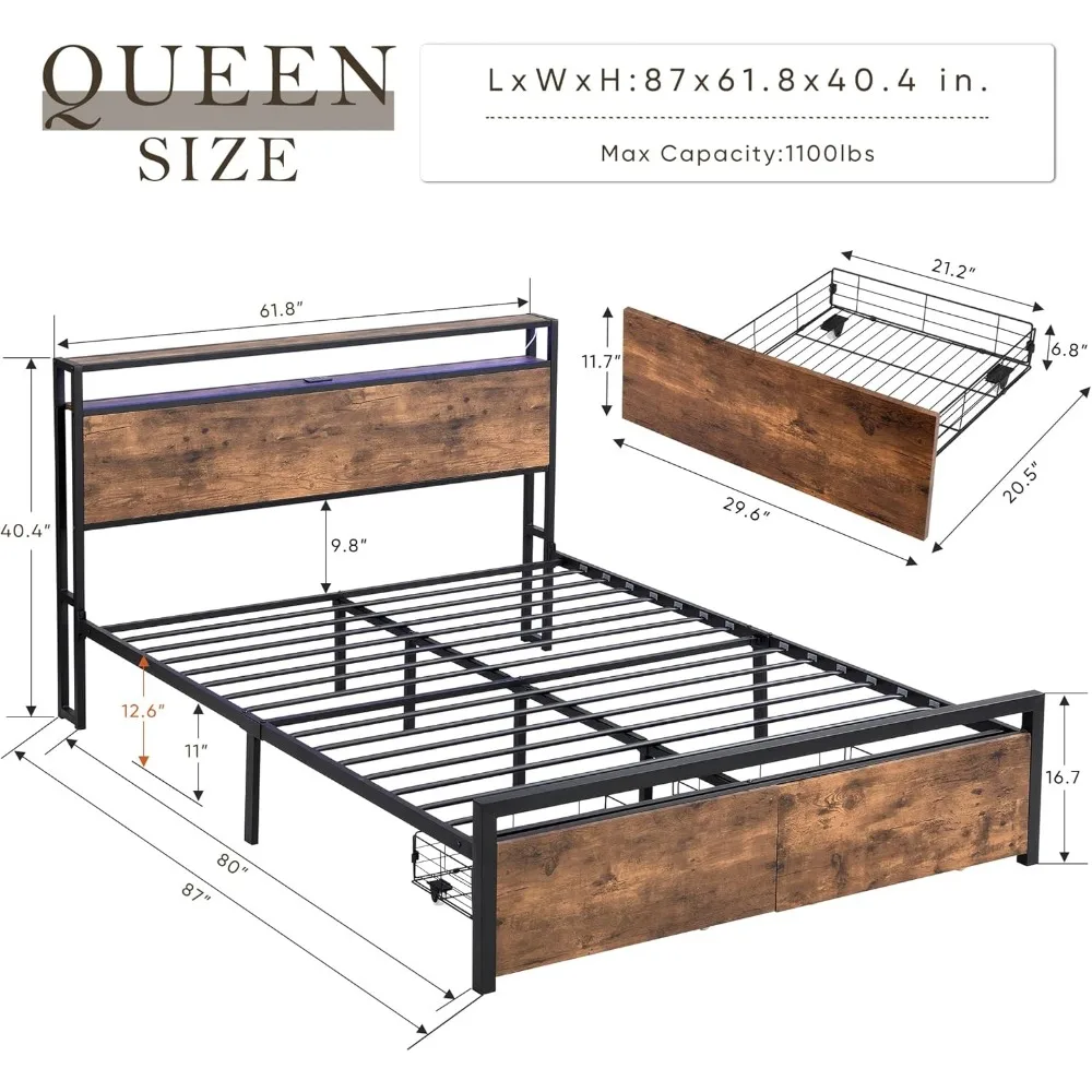 

Queen Bed Frame with Storage Headboard,4 Large Drawers,Charging Station Led Lights,Easy Assembly,No Noise Storage headboard