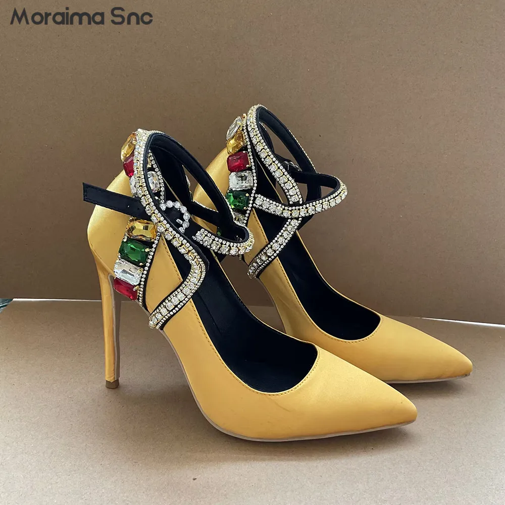 

Colored Gemstone Luxury Yellow Pumps Pointed Toe Stiletto Rhinestone Back Strap High Heels Fashionable Large Size Women's Shoes