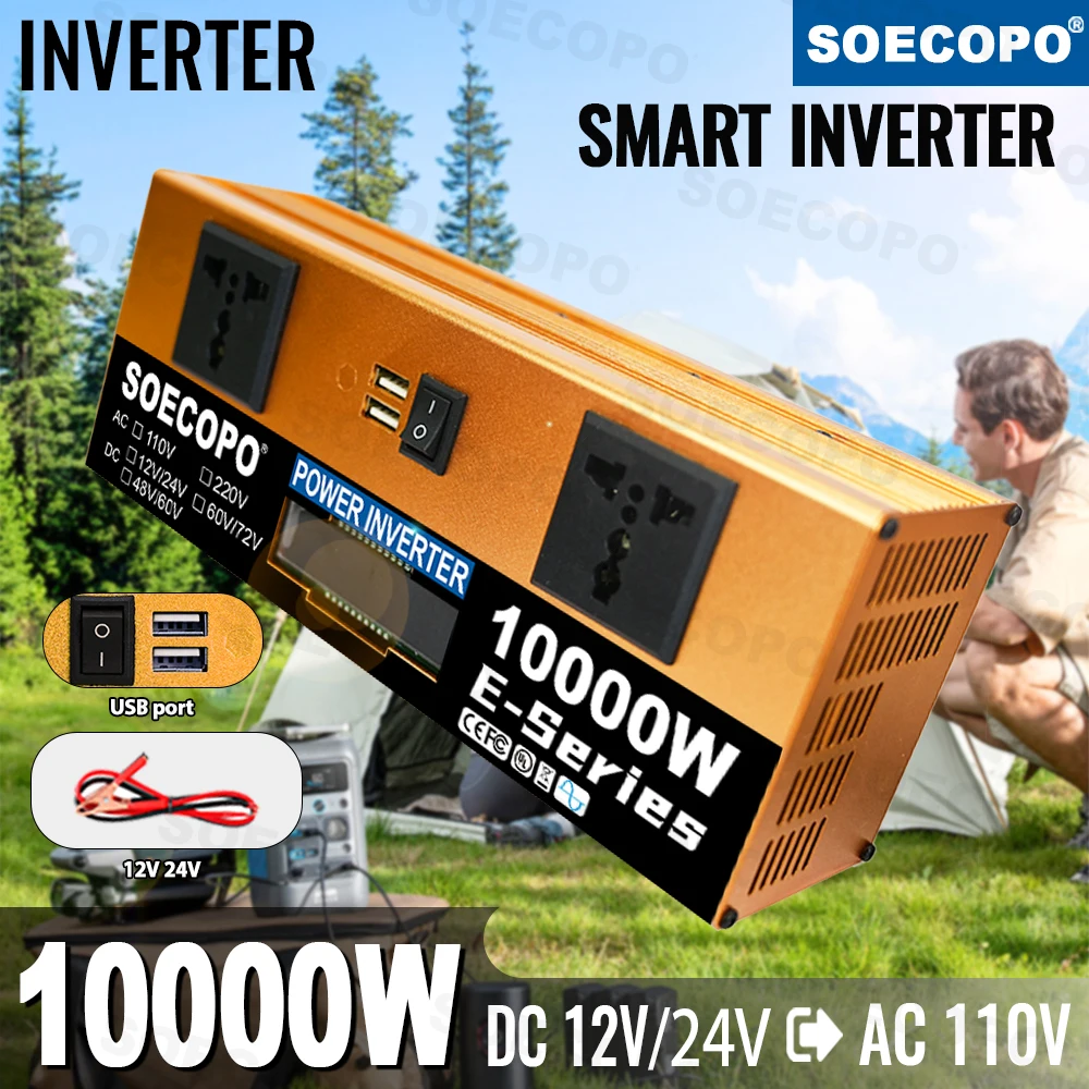 

SOECOPO 10000W Car Inverter Dual Voltage Input DC 12V/24V to AC 110V 2 USB 5V Ports 2 Sockets Car Voltage Converter Camping RV