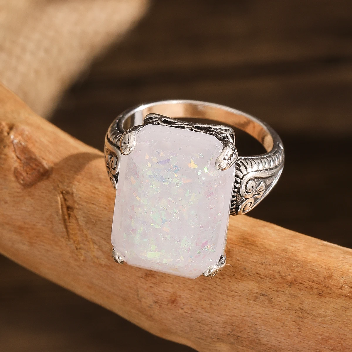 جديد هندسي مربع أوبال حجر خاتم الملكة مجوهرات فضية اللون المرأة مجوهرات الأزياء الجديدة #2