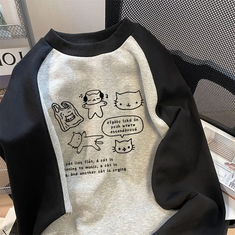 Japanese Sweet Cute Cartoon Cat Print Cotton Hoodie Y2k Aesthetics Patchwork Sweatshirt Women Grunge Tops Spring Autumn Clothes