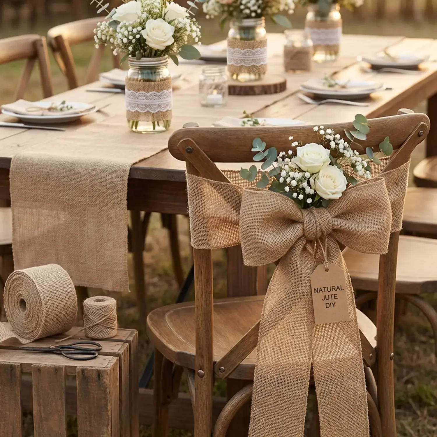 12/24Pcs Burlap Chair Sashes Wedding Natural Chair Sashes 10x200cm Rustic Jute Bow Ribbon for Banquet Wedding Party Event Decor