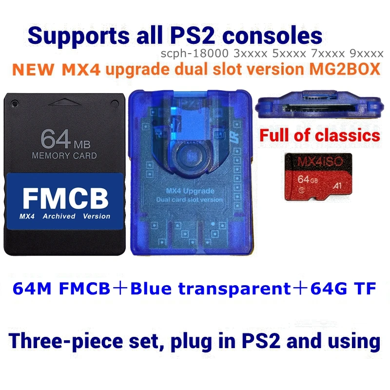 Blau transparent ps2 mx4 aktualisiert mg2box für ps2 konsolen fmcb karte 256g/128g/64g ps2 iso sd karte wählen kombination paket