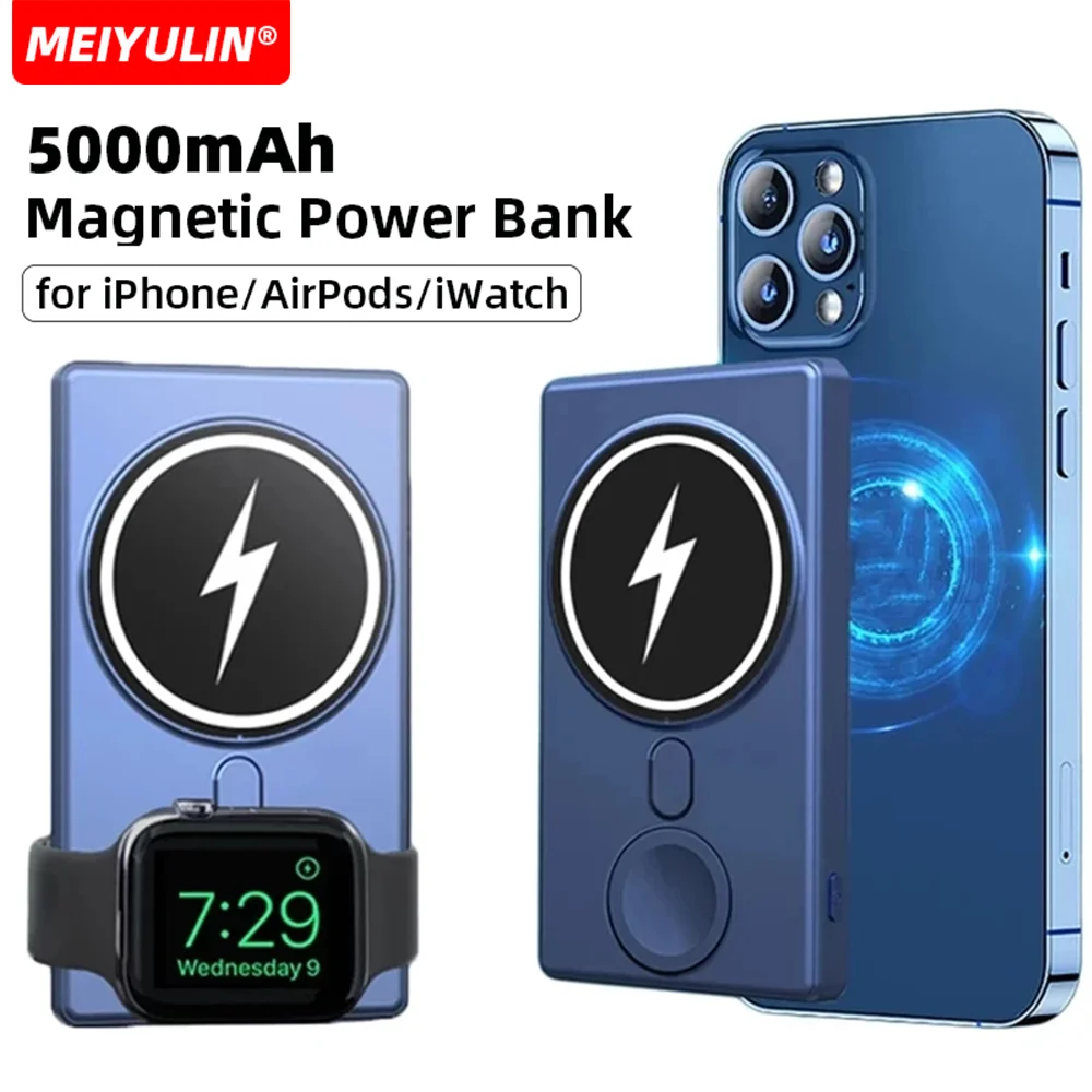 

5000mAh Magnetic Power Bank Portable Slim External Battery 3in1 Wireless Fast Charger for Apple iWatch AirPods iPhone Samsung